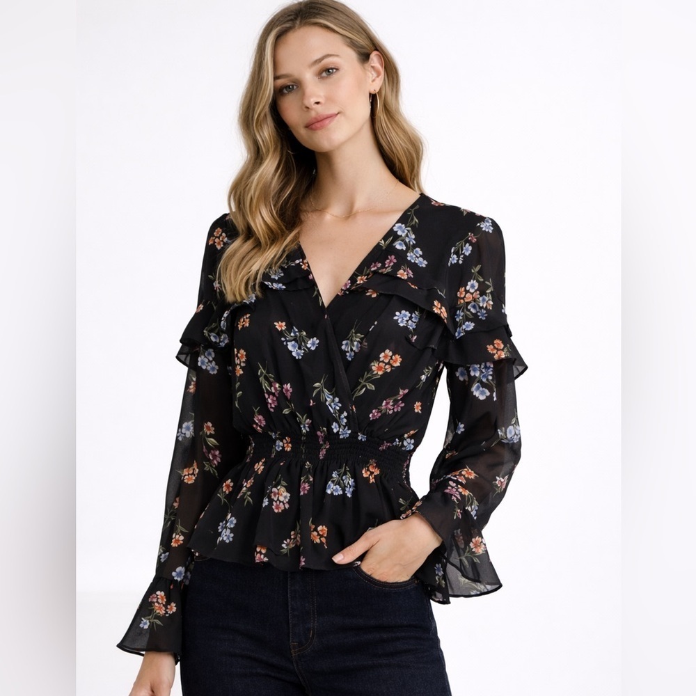 Likely Black Floral top smocked Waist Sheer Sleeve Romantic spring blouse